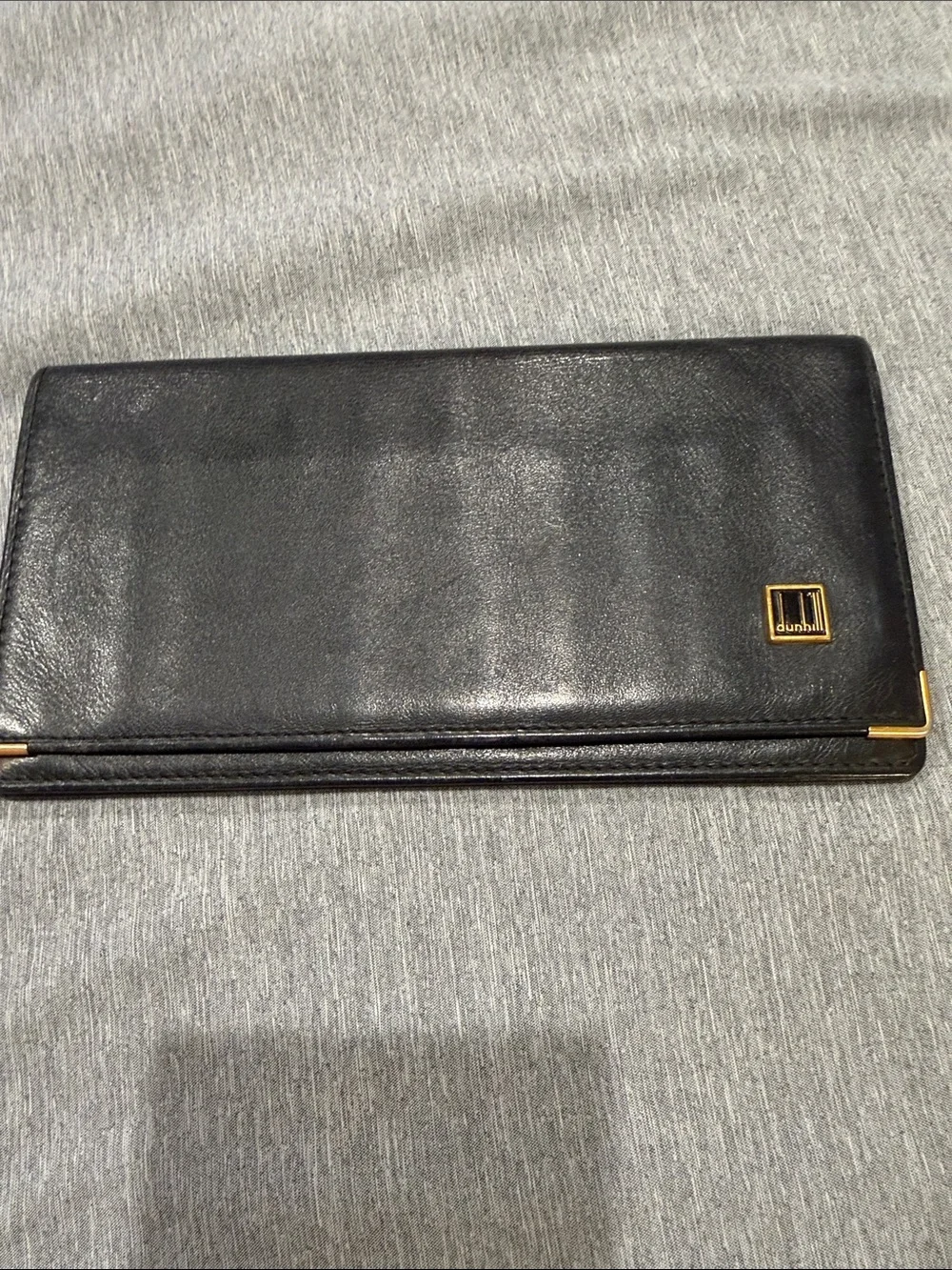 Dunhill Black Leather Wallet with Gold Logo and Corner Trim